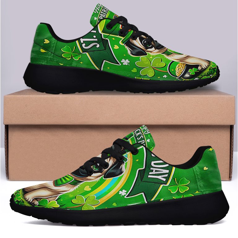 Pug Dog Happy St Patrick's Day Shoes Sneakers Black Size 7.5
