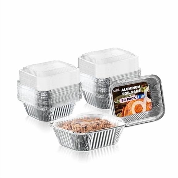 Fit Meal Prep 50 Pack 2.25 lb Aluminum Foil Pans with Clear Lids, 8.5 x 6.15 x 2.15 Disposable Aluminum Food Take Out Containers, Freezer Oven Safe Foil Baking Pan for Catering, Packaging