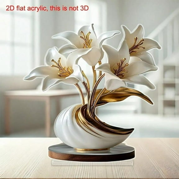 2D Flat Acrylic Vase With Gold Lilies - Elegant White And Gold Decorative Sculptures Suitable For Home, Office Or Special Occasions | Perfect For Easter, St. Patrick's Day, Etc.