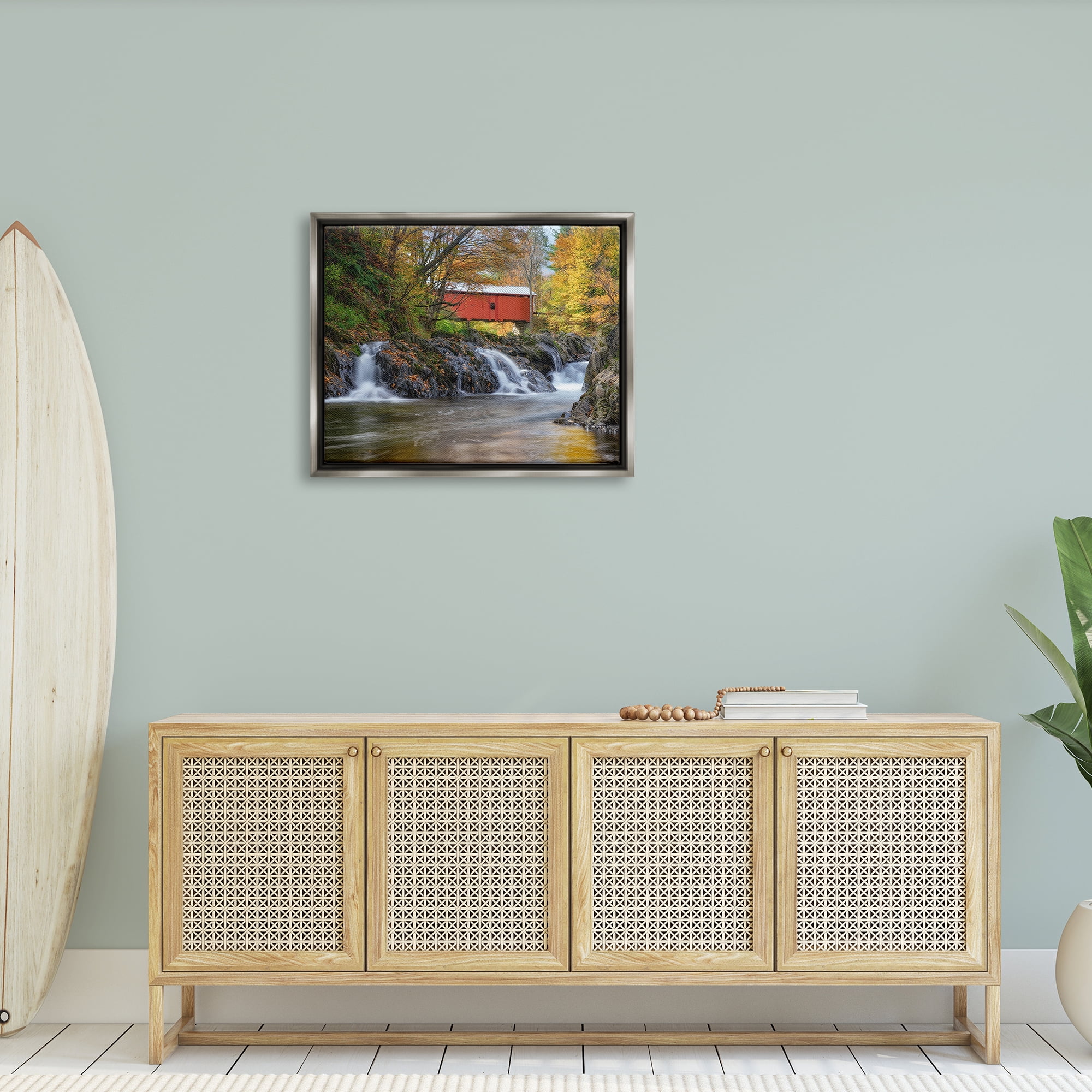 Stupell Bridge Waterfalls Flowing River Foliage Landscape Photography Gray Floater Framed Art Print Wall Art