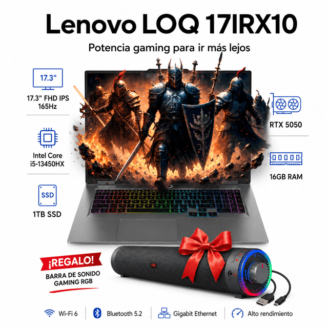 Lenovo LOQ 17, i5-13450HX, 16GB, 1TB SSD, RTX 5050/8GB, + Bocina de regalo