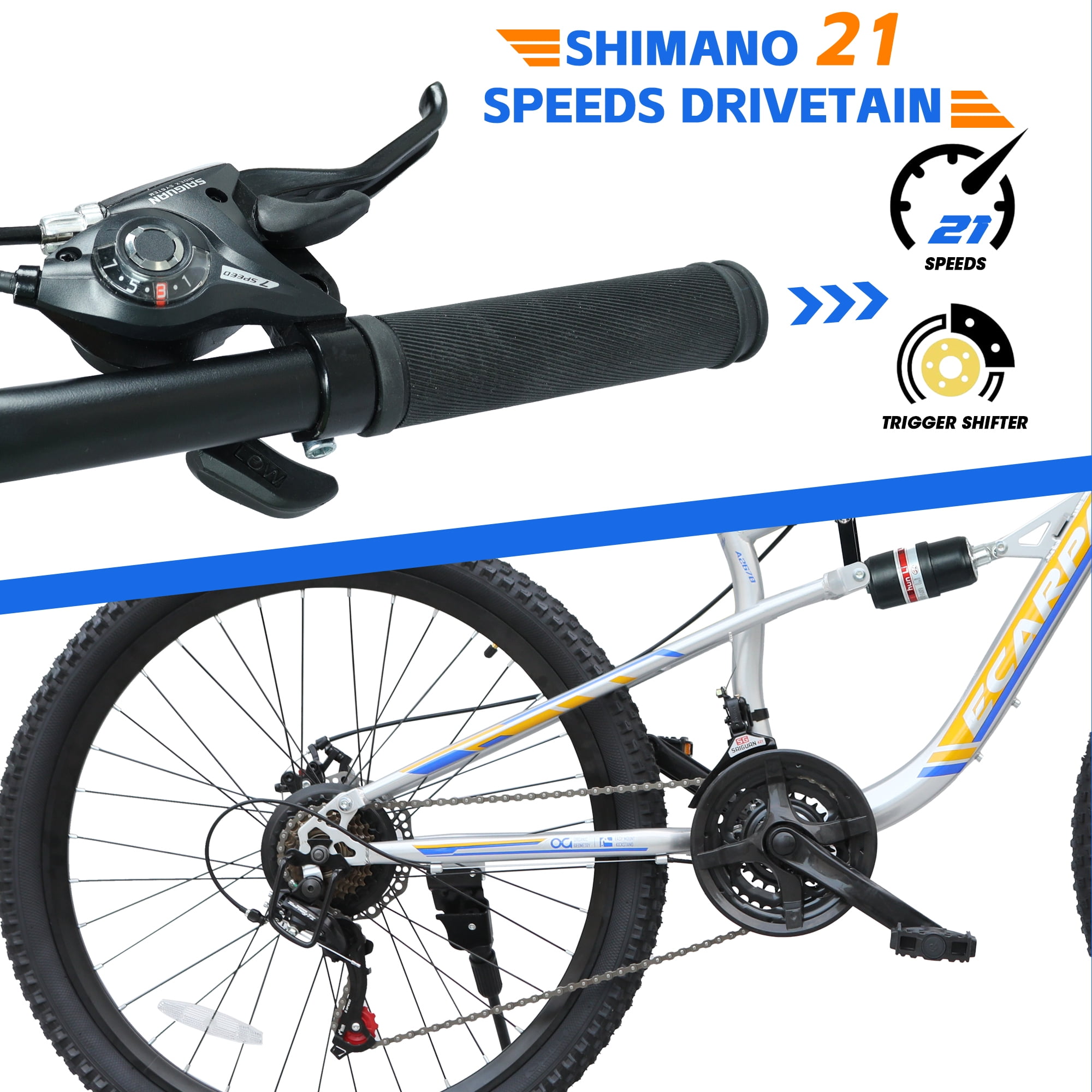 26 Inch Mountain Bike with 21-Speeds & Full Suspension Steel Frame,Sliver&Blue