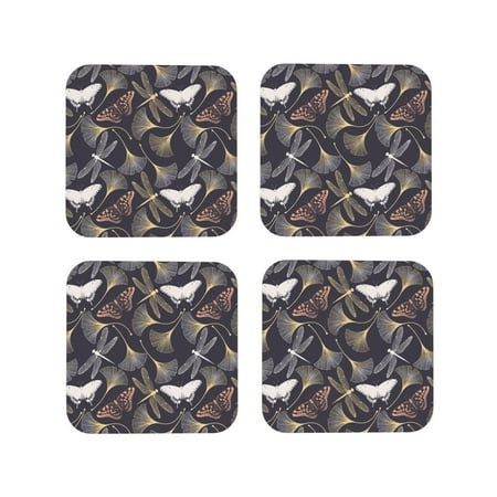 

Drink Coasters Set of 4 Dragonfly Leaf Butterfly Leather Coasters for Coffee Table Protector Heat Resistant Cute Coasters for Home Decor Housewarming Gifts Bar Kitchen 4 Inch Square
