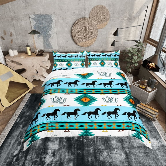 Erosebridal Rustic Farmhouse Horse Duvet Cover Twin, Teal Blue Aztec Bedding Sets Twin Size, Lodge Cabin Bedroom Decor, Reversible 2-Piece (No Comforter)
