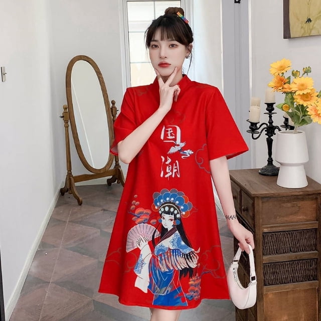 Vestido con estampado floral retro, mejora del verano, corte holgado y ajustado, cheongsam juvenil
