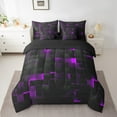 thumbnail image 3 of Erosebridal Neon Black Purple Comforter Set With Sheets King Abstract Geometric Grid Checkered Bedding Set Teen Women Glowing Plaid 7 Piece Bed in a bag 3D Square Bed Set, 3 of 6