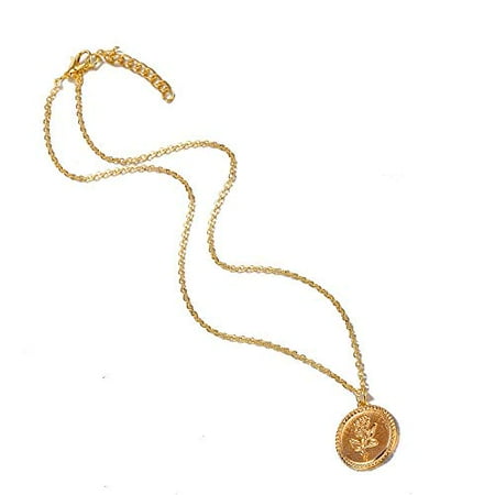 Silver Plated Alloy Simple Round Disc Rose Pendant Chain Choker Short Necklace (Gold)