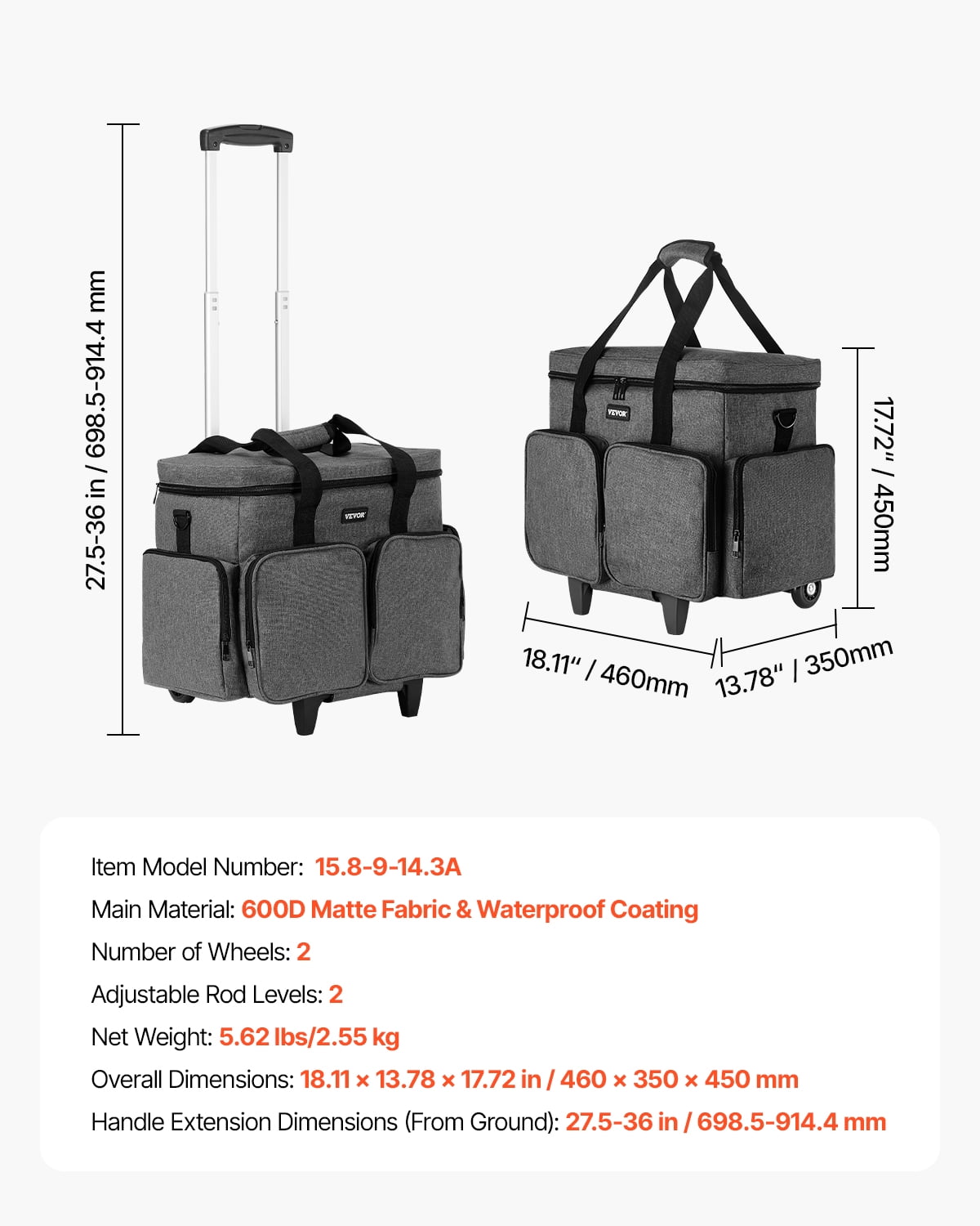 VEVOR Rolling Laptop Bag, Fits Up to 15.6 Inch Laptop, Wheeled Briefcase, Teacher Roller Computer Tote Bag with Detachable Trolley & Telescopic Handle, Laptop Case for Work Travel, Women & Men (Gray)