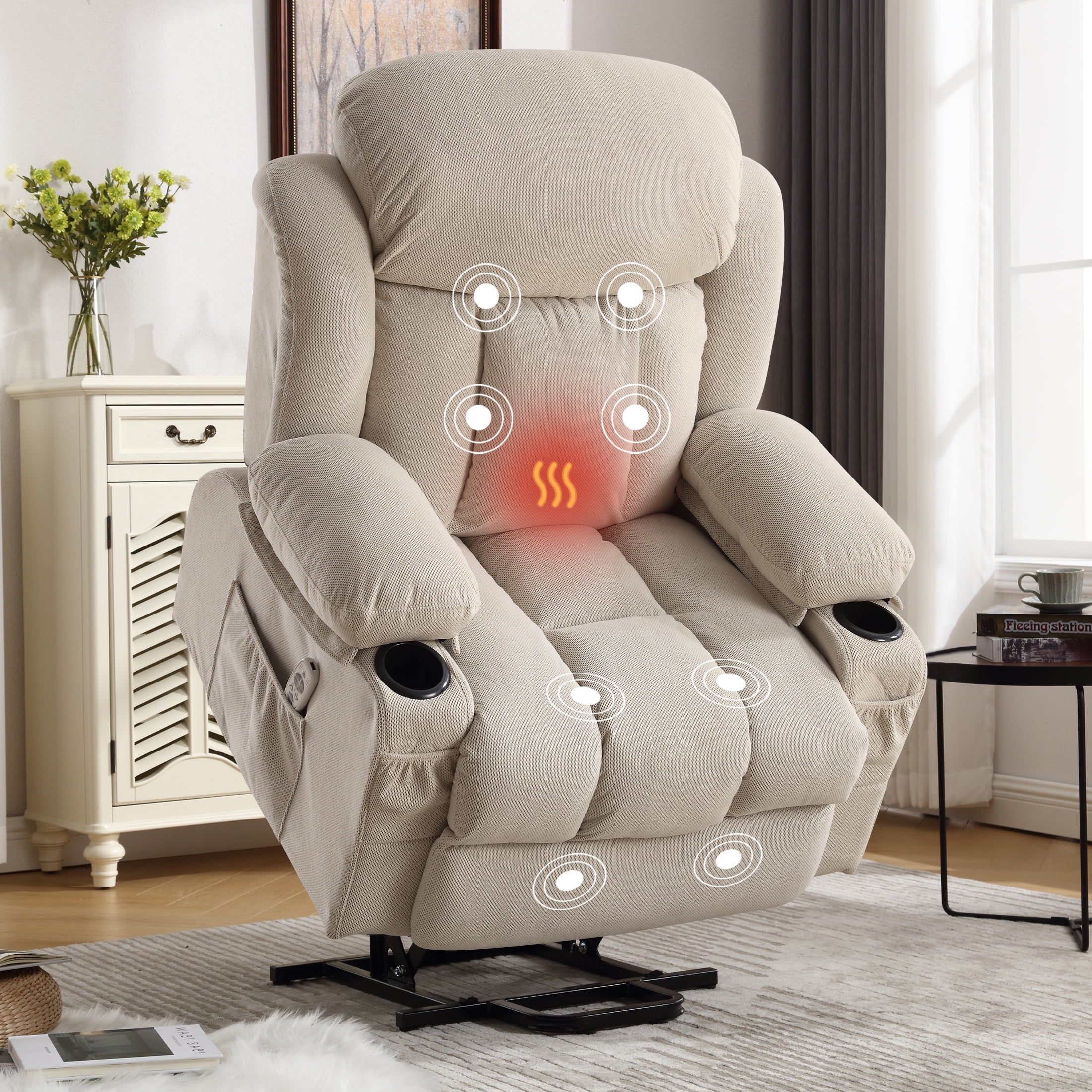 Power Lift Recliner for Elderly, Heavy Duty Electric Recliner Chair with Remote, Plush Fabric Reclining Sofa Chair, Beige