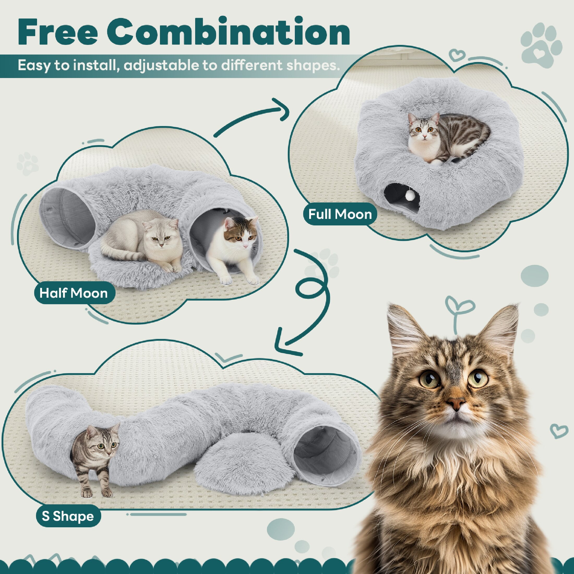 edx Cat Tunnel Bed for Indoor Cats, Soft Plush Peekaboo Hideaway Cave with Circle Cushion, Washable Multifunctional Playground Cat Donut Tunnel for Kittens, Rabbit, Ferret, Grey