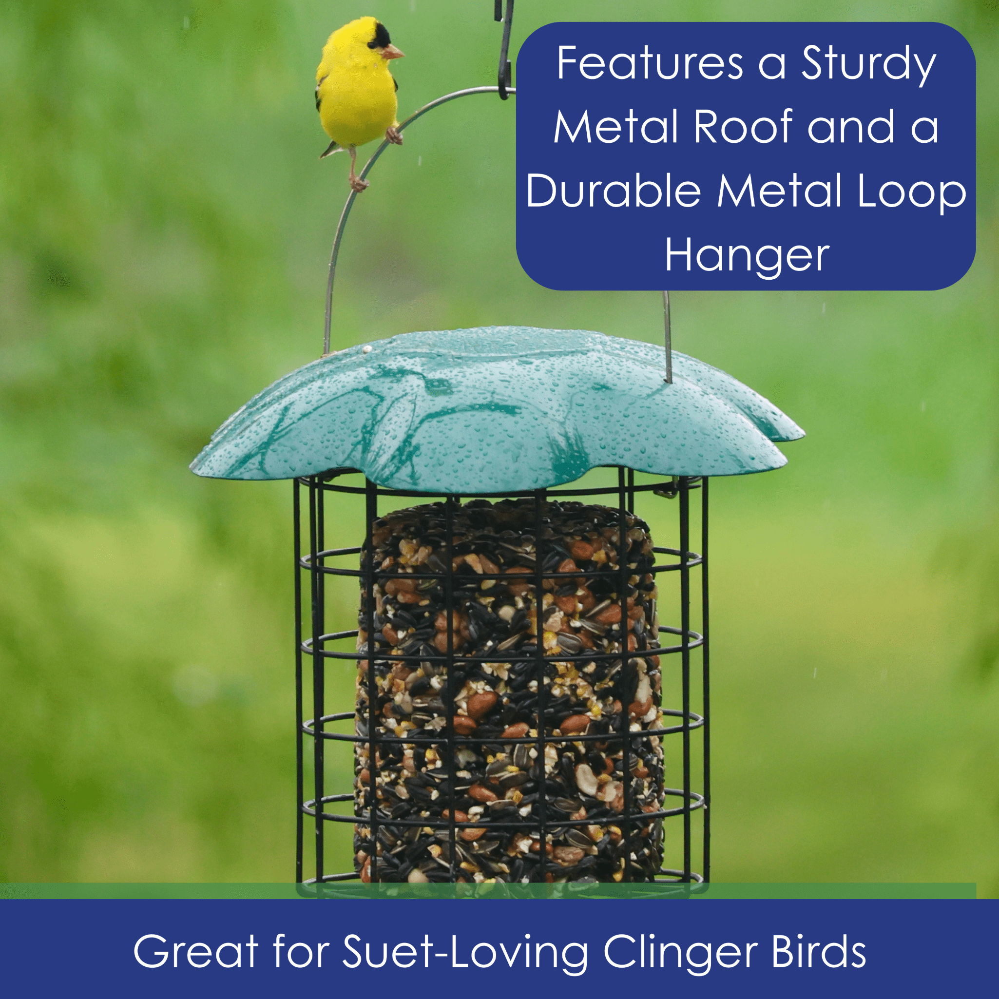 Backyard Essentials Large Seed or Suet Log Caged Feeder - Metal Suet Cage Cylinder Bird Feeder with Green Slide Down Protective Roof