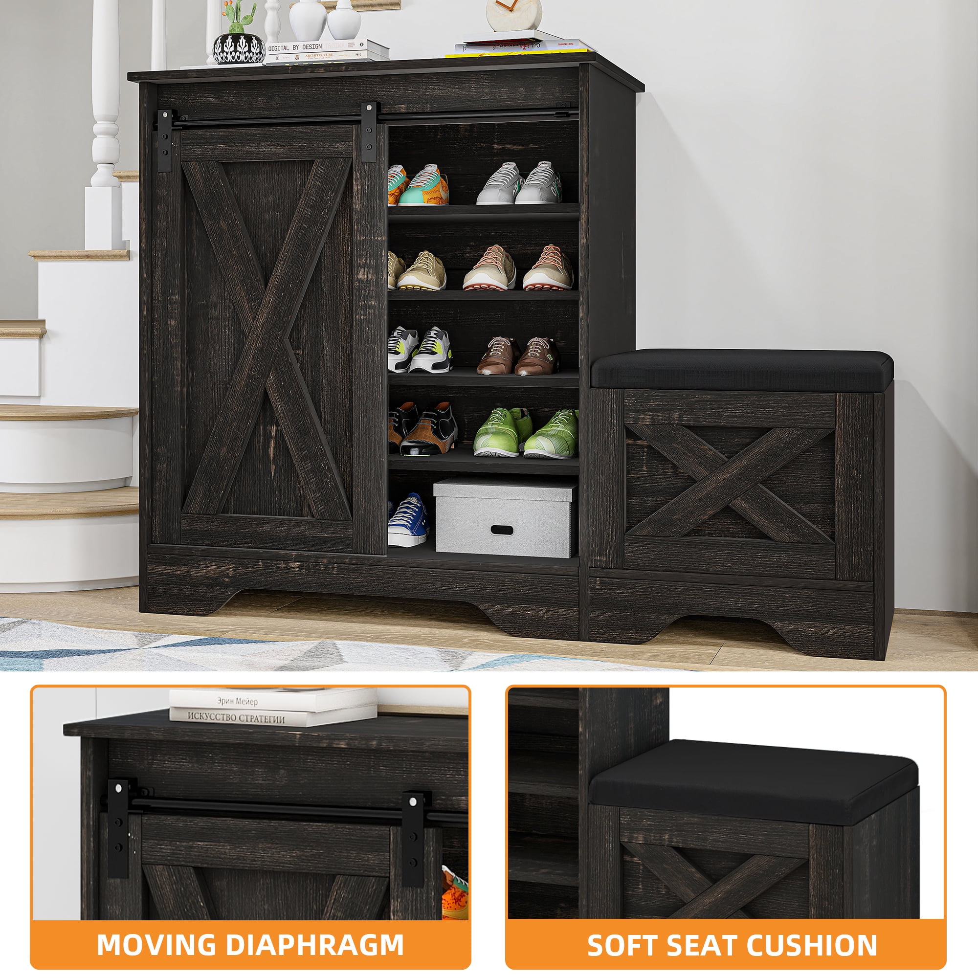 Uforic Shoe Cabinet with Sliding Door & Shoe Bench,Farmhouse Narrow Slim 5-Tier Adjustable Shoe Storage Organizer for 20 Pairs for Entryway, Foyer, Dark Rustic Oak