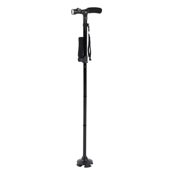 Suodoka Foldable LED Light Safety Walking Stick Anti Skid Telescopic Magic Cane with 4 Head Base Support Adjustable Height for Elder and Adult Black