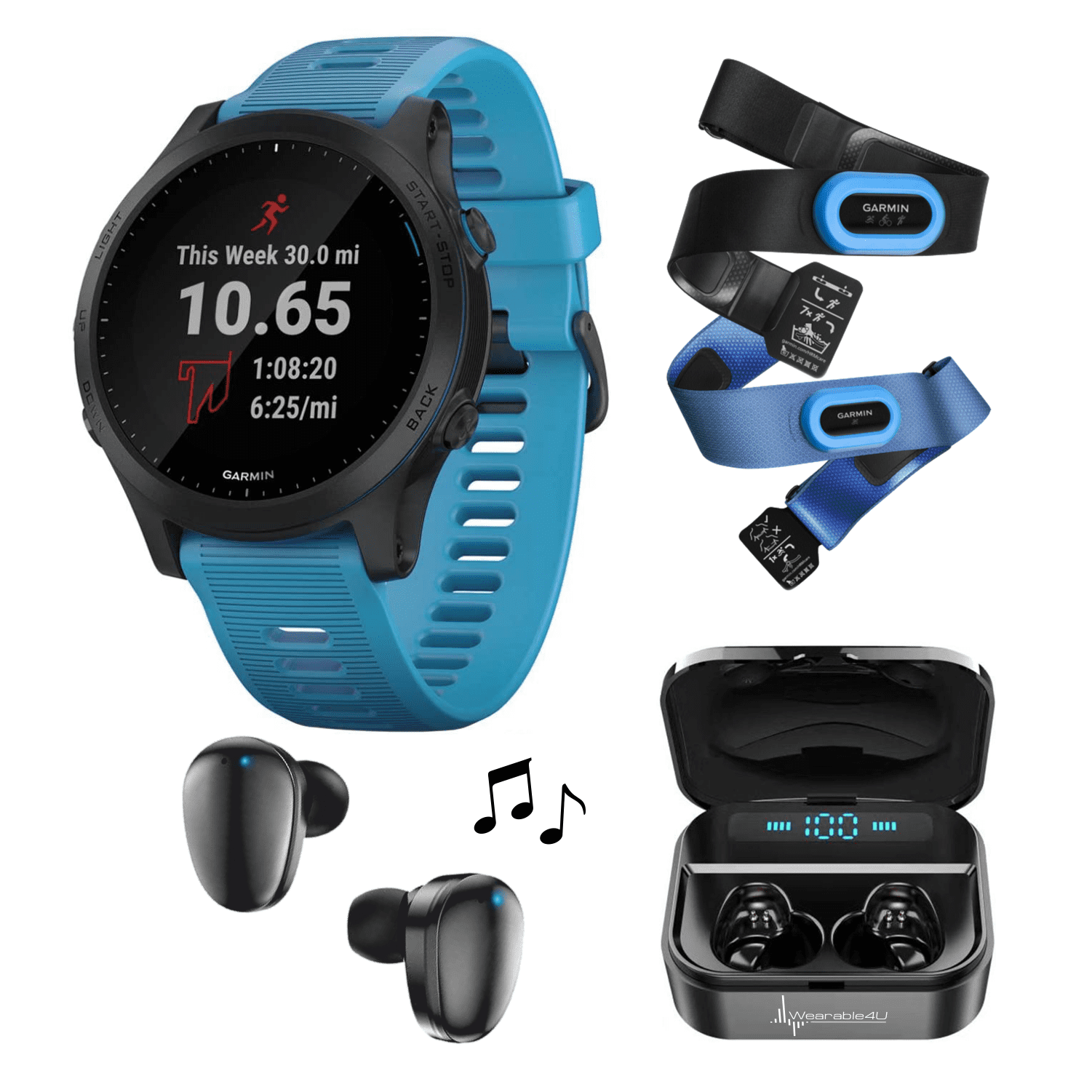 Garmin Forerunner 945 Premium GPS Smartwatch with Wearable4U Black EarBuds with Power Bank Case