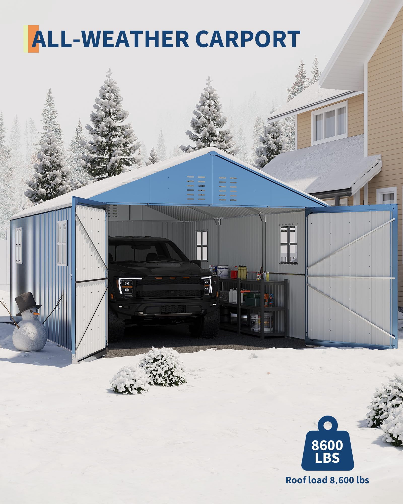 12x20 FT Metal Carport, Enclosed Car Port with Reinforced Frame and Steel Roof for All-Weather Use, Metal Garage Shed for Full-Sized Pickup Trucks