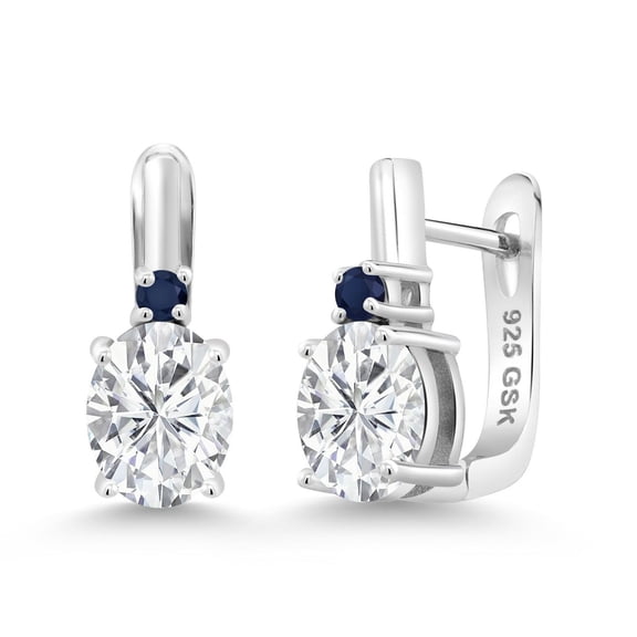 Gem Stone King 925 Sterling Silver White Moissanite and Blue Sapphire Earrings for Women (4.32 Cttw, Gemstone, Oval 9X7MM)