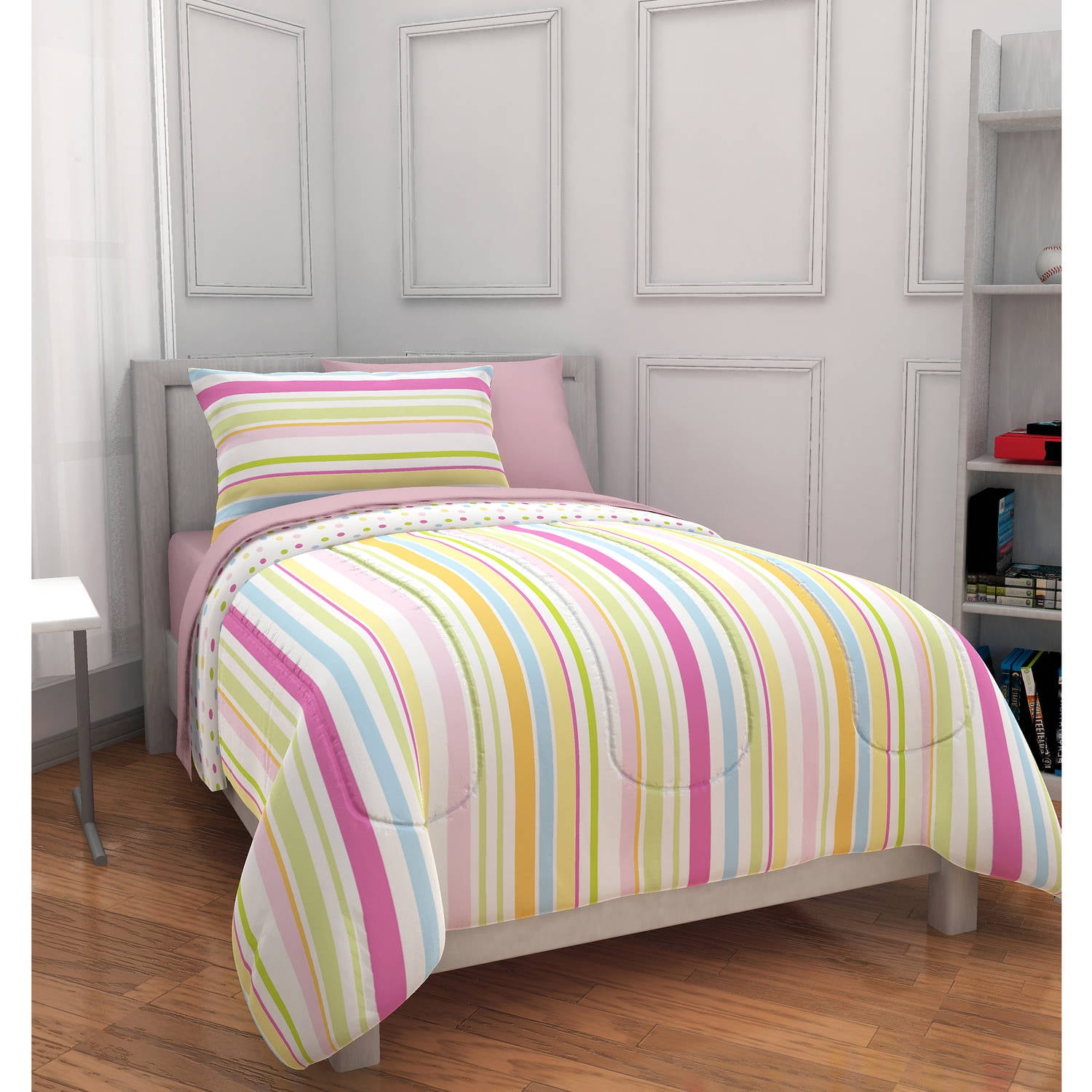 Mainstays Kids Pink Rally Stripe Bed In A Bag Bedding Set