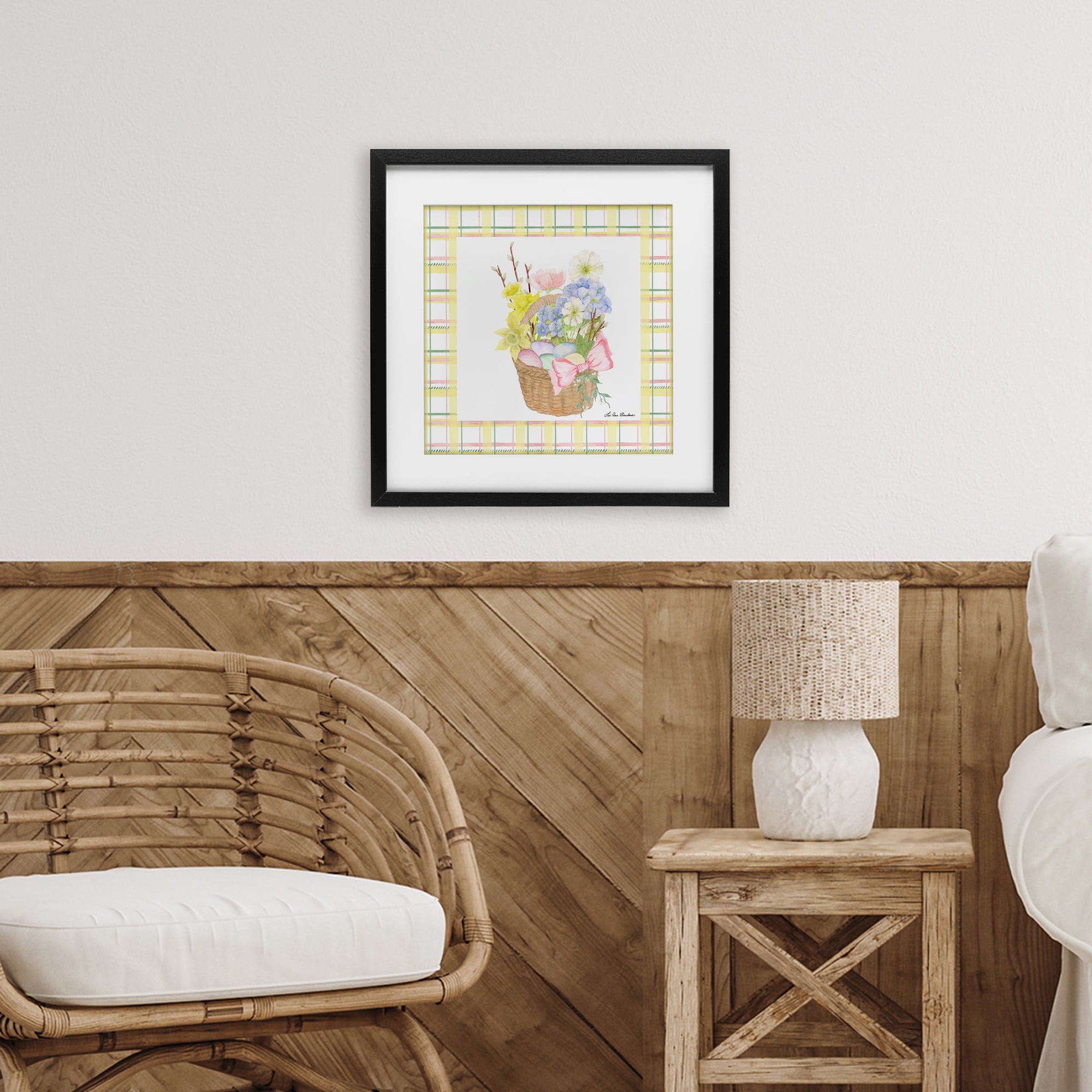 Spring Basket on Plaid Black Framed Print Under Glass, design by Lee Ann Sanders
