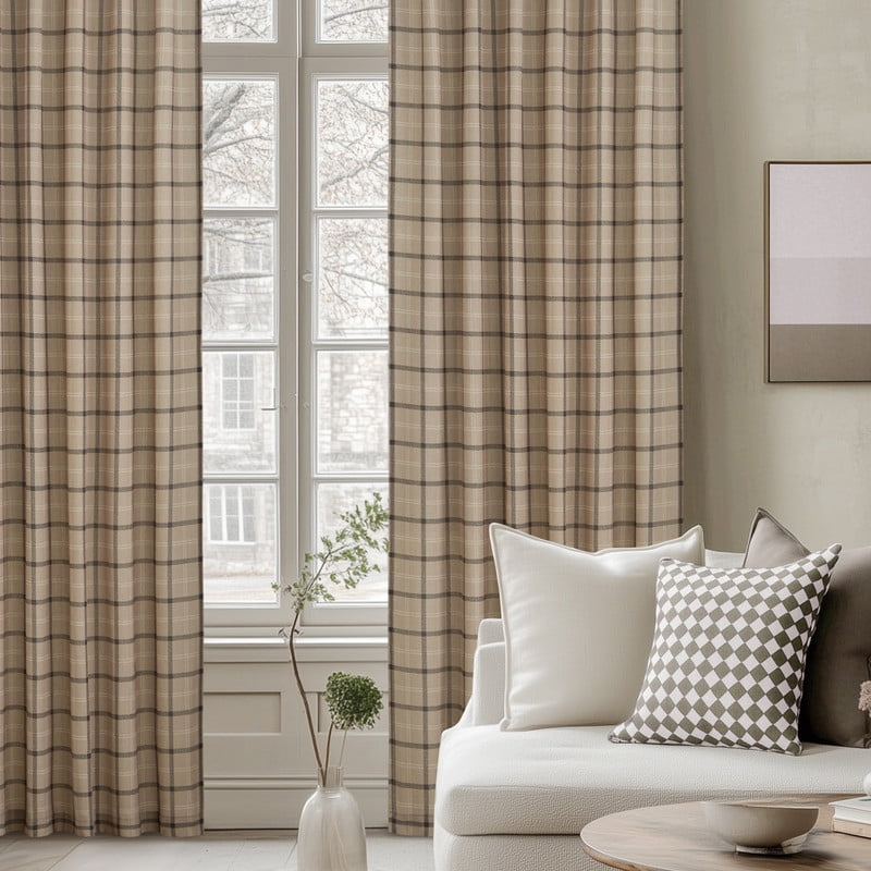 NICETOWN Linen Plaid Curtains for Living Room, Check Light Filtering Privacy Semi Sheer Linen Curtains Rod Pocket Back Tab Farmhouse Country Style Drapes, Light Greige, 52"x84", 2 Panels