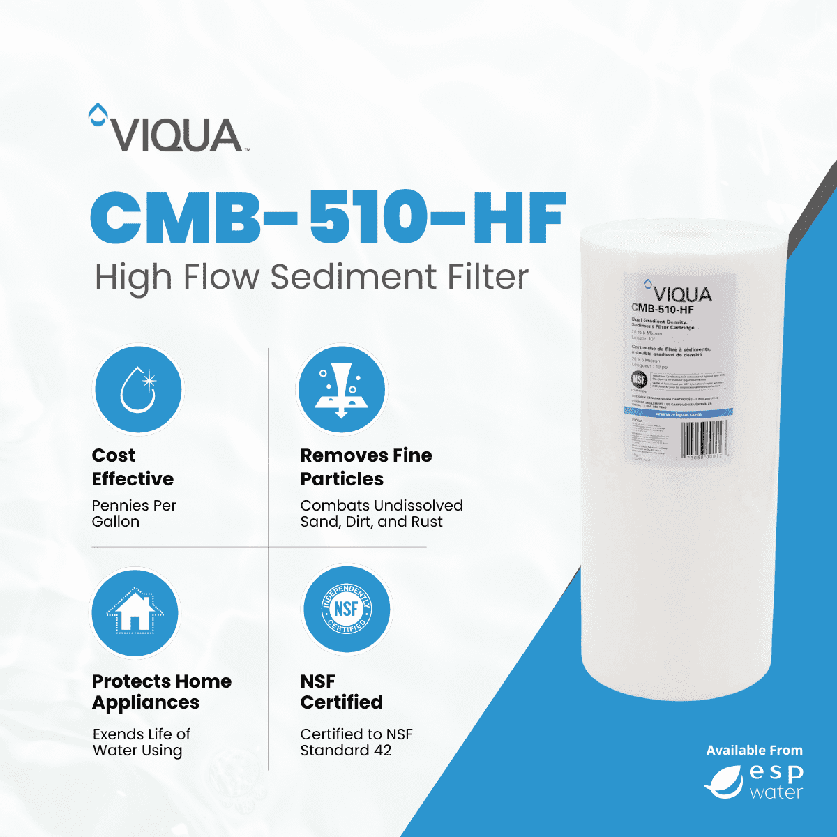 VIQUA CMB-510-HF 5 Micron Carbon Filter, 4.5x10 Big Blue, Pre-Filter for UV Water Purification, Whole House, Chlorine Taste Reduction