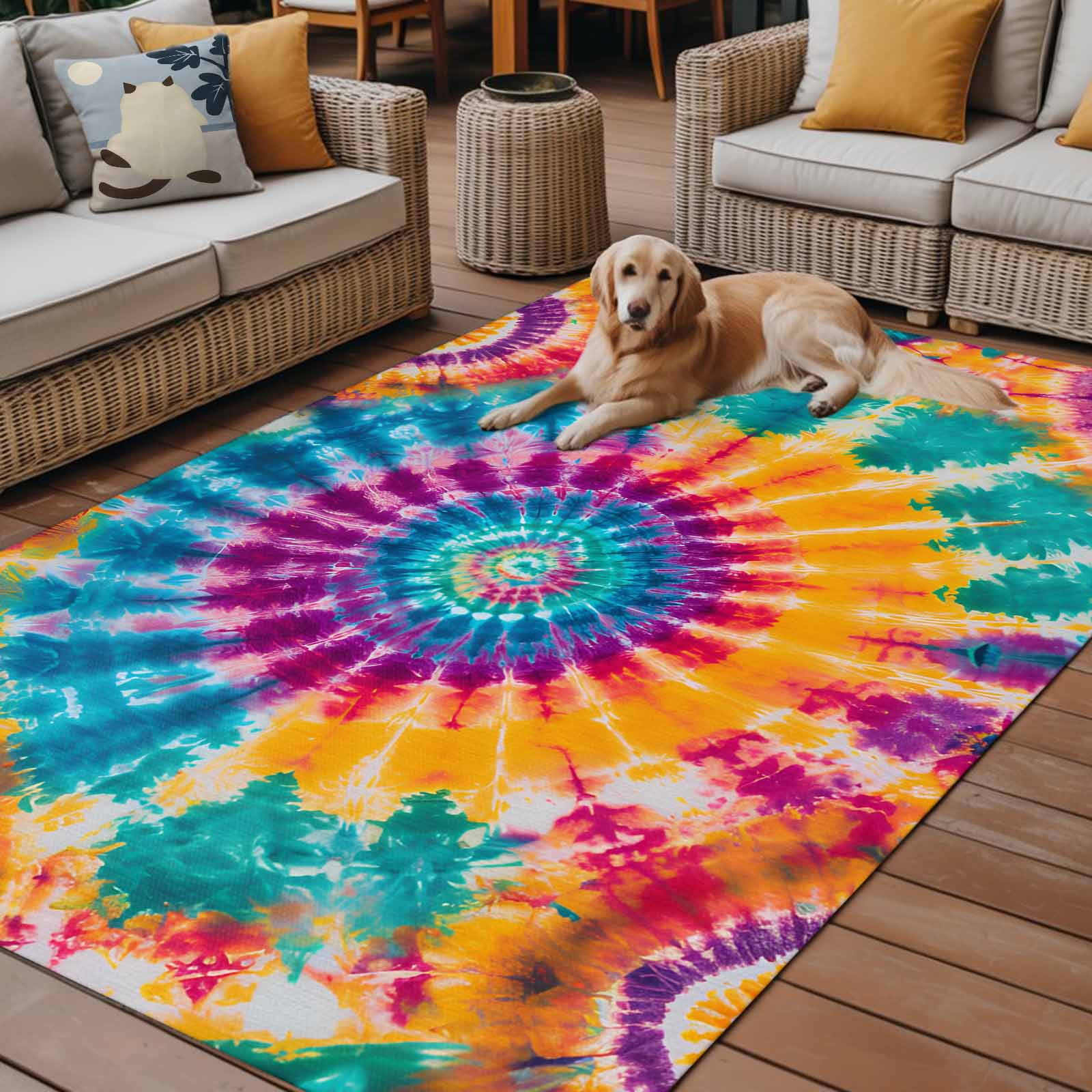 Outdoor Rug 5x8 ft Abstract Ethnic Tie Dye Waterproof Outdoor Patio Rug Mat Non Slip Outside Area Rugs Carpet for RV,Camping,Porch,Deck,Pool,Balconybackyard,Watercolor Colorful