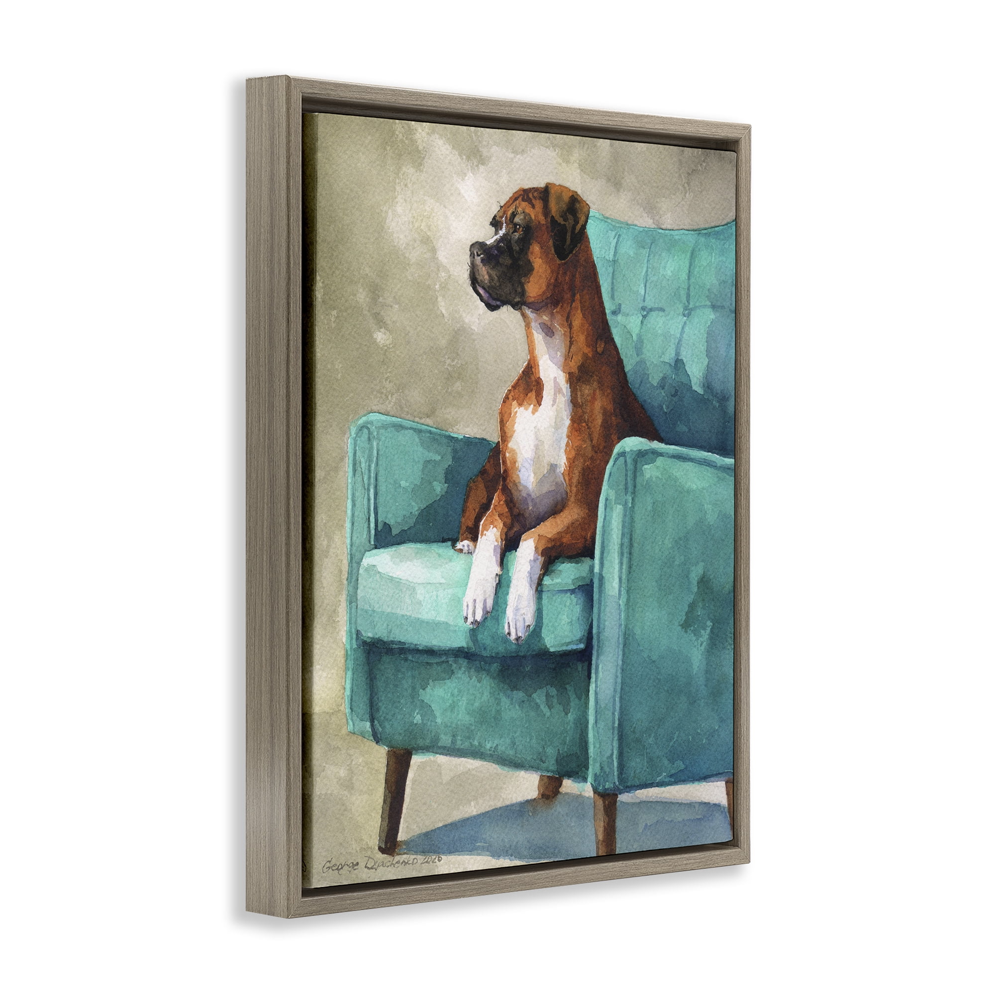 Stupell Industries Majesty Boxer on Armchair Brown Framed Floater Canvas Wall Art, design by George Dyachenko