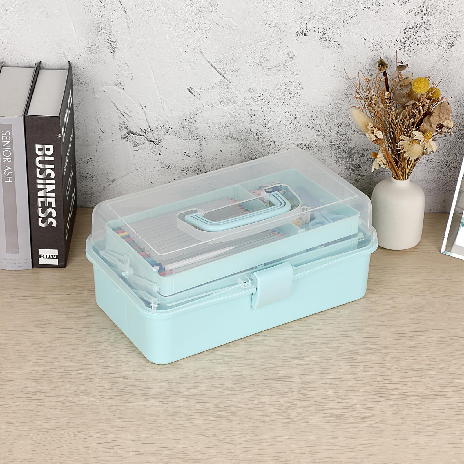 3-layer Plastic Dividing Storage Box Craft Organizer And With Adjustable Spacers Portable Handled Art Supply Multipurpose Home Utility For  Sewing(blue)