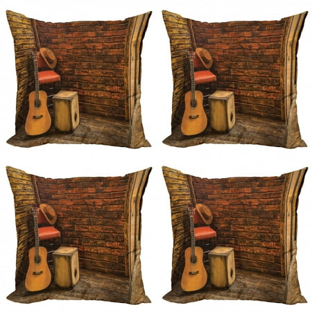 Music Throw Pillow Cushion Case Pack of 4, Music Instruments on Wooden Stage in Pub Beverage Cafe Counter Bar, Modern Accent Double-Sided Print, 4 Sizes, Dark Orange Sand Brown, by Ambesonne