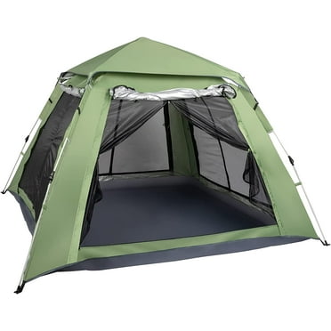 Outvita Pop Up Camping Tent, 4 Person Easy Setup Tent with 4 Large Doors and Zipper Mesh Doors, Cabin Tent Waterproof Windproof Tent with Porch & Removable Rainfly for Beach,Hiking, Camping