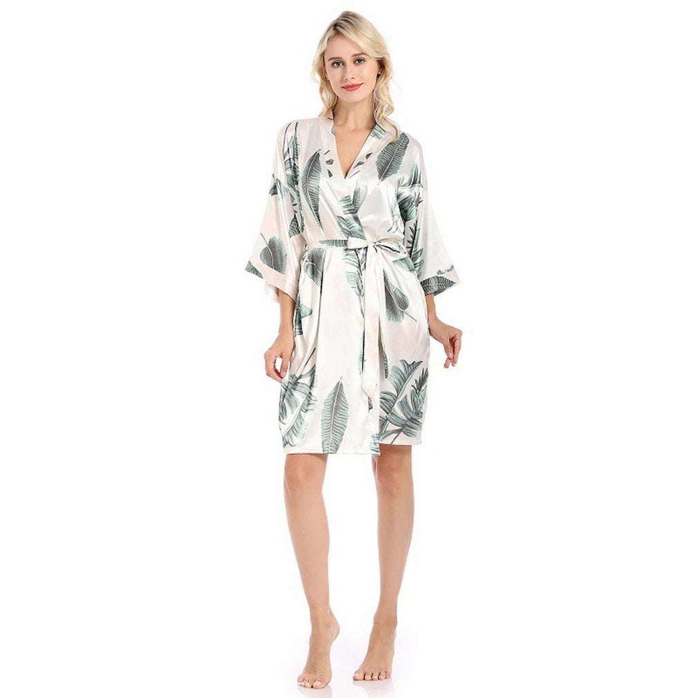 CUMM Plug Size Leaf Printed Silk Satin Sexy Women Night Robe ...