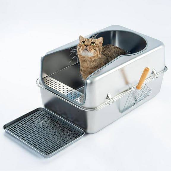 Cattasaurus 100% Stainless Steel Litter Box Enclosure for Large Cats, Odor-Free & Easy to Clean, Long-Lasting with Scoop & Pedal