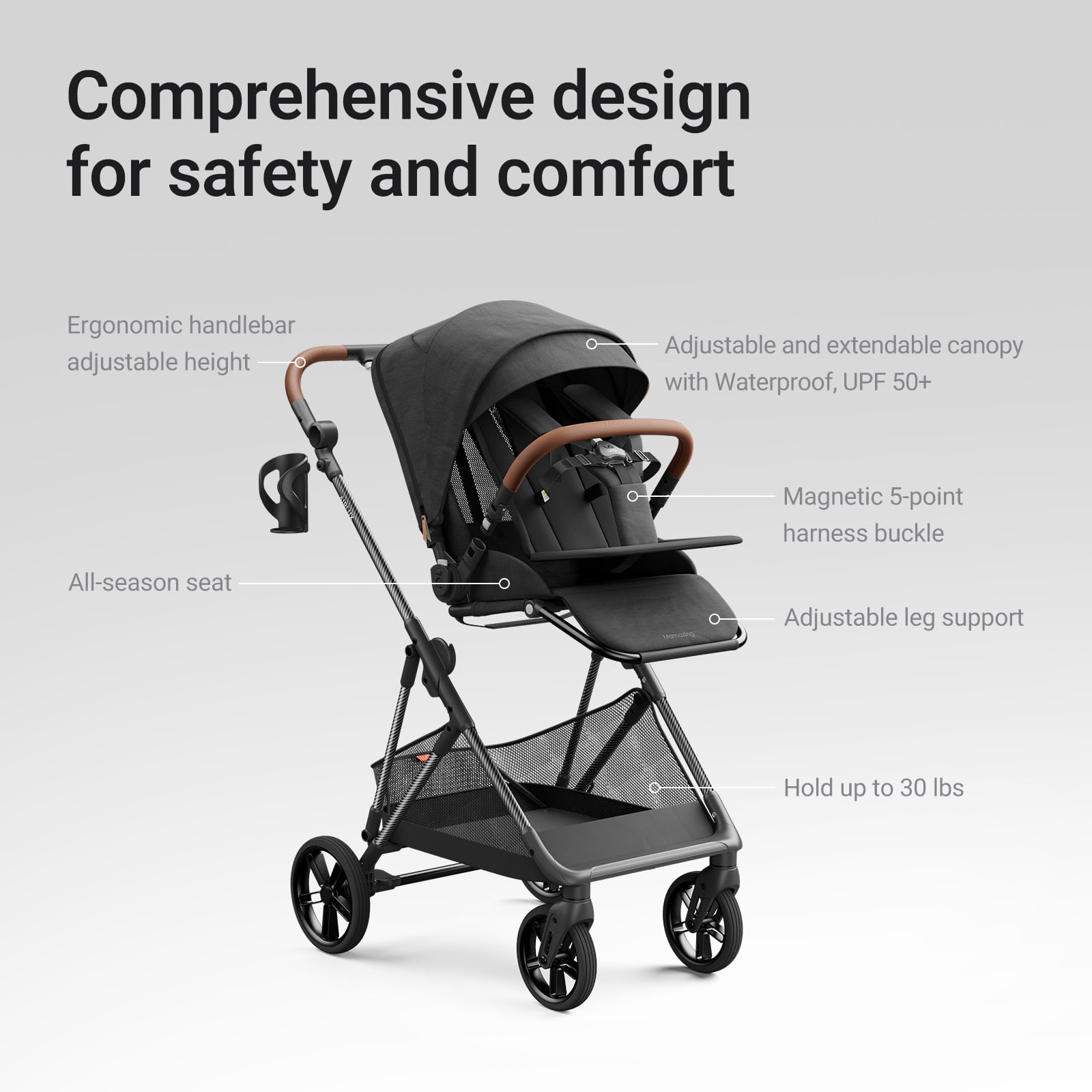 Mamazing Baby Stroller Air Lux Carbon Fiber 15.9 lbs Lightweight Compact Fold Reversible Seat with UPF 50+ Canopy for Infant Toddler