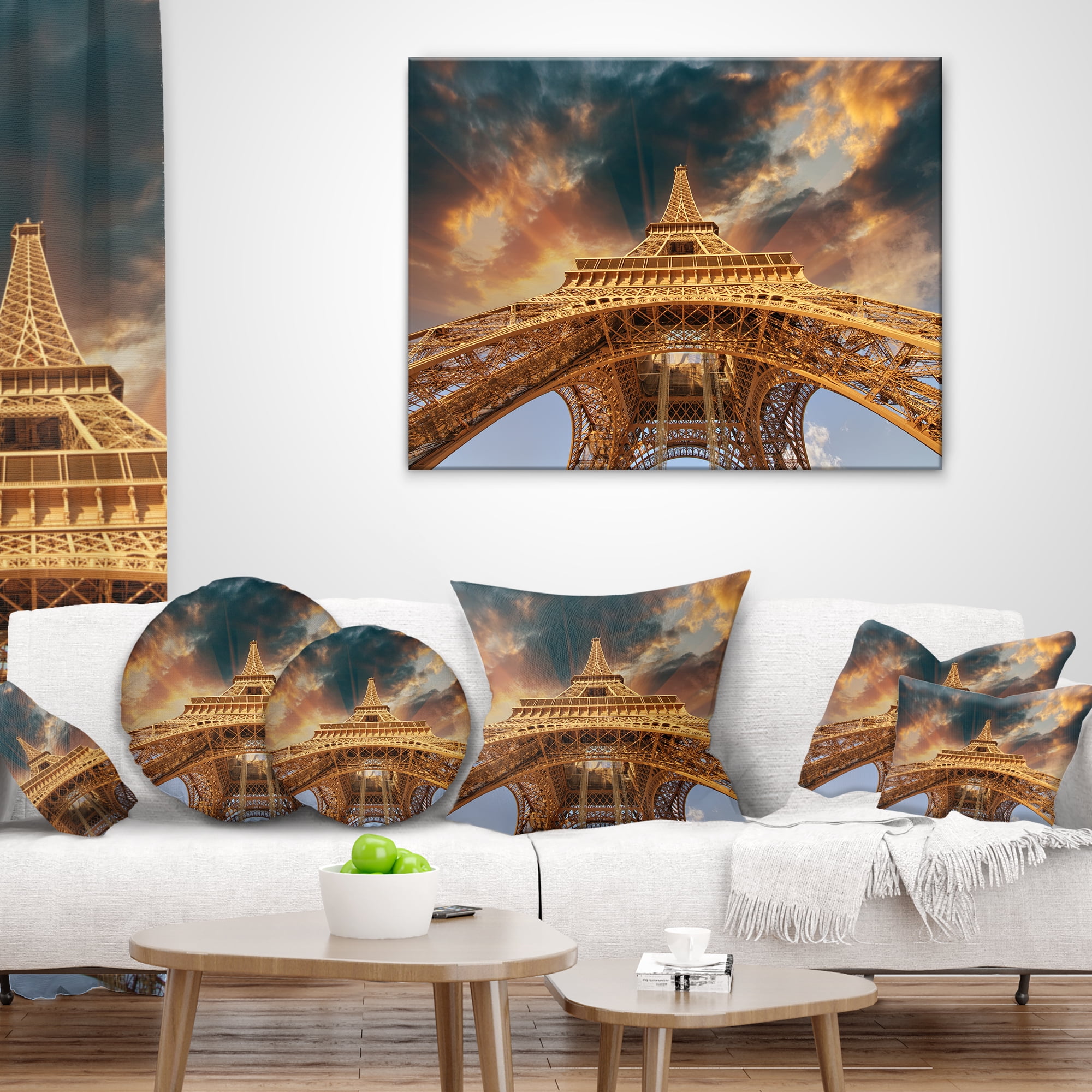 Designart Paris Paris Eiffel Towerin Paris with Sunset Colors - Cityscape Throw Pillow - 16x16