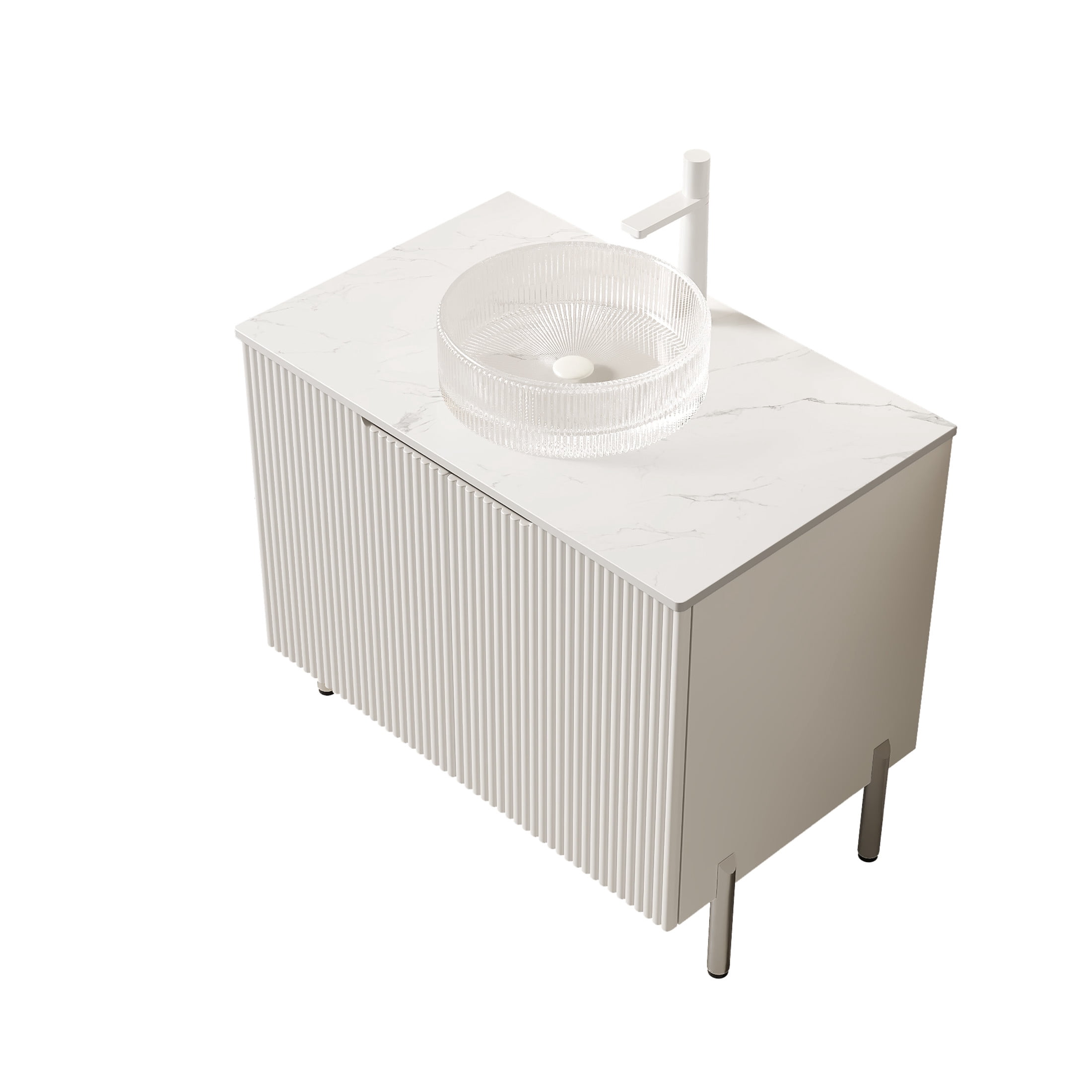 Noble House TURIO 30" Bathroom Vanity with Sintered Stone Countertop, Storage Cabinet, Clear Glass Round Basin, White