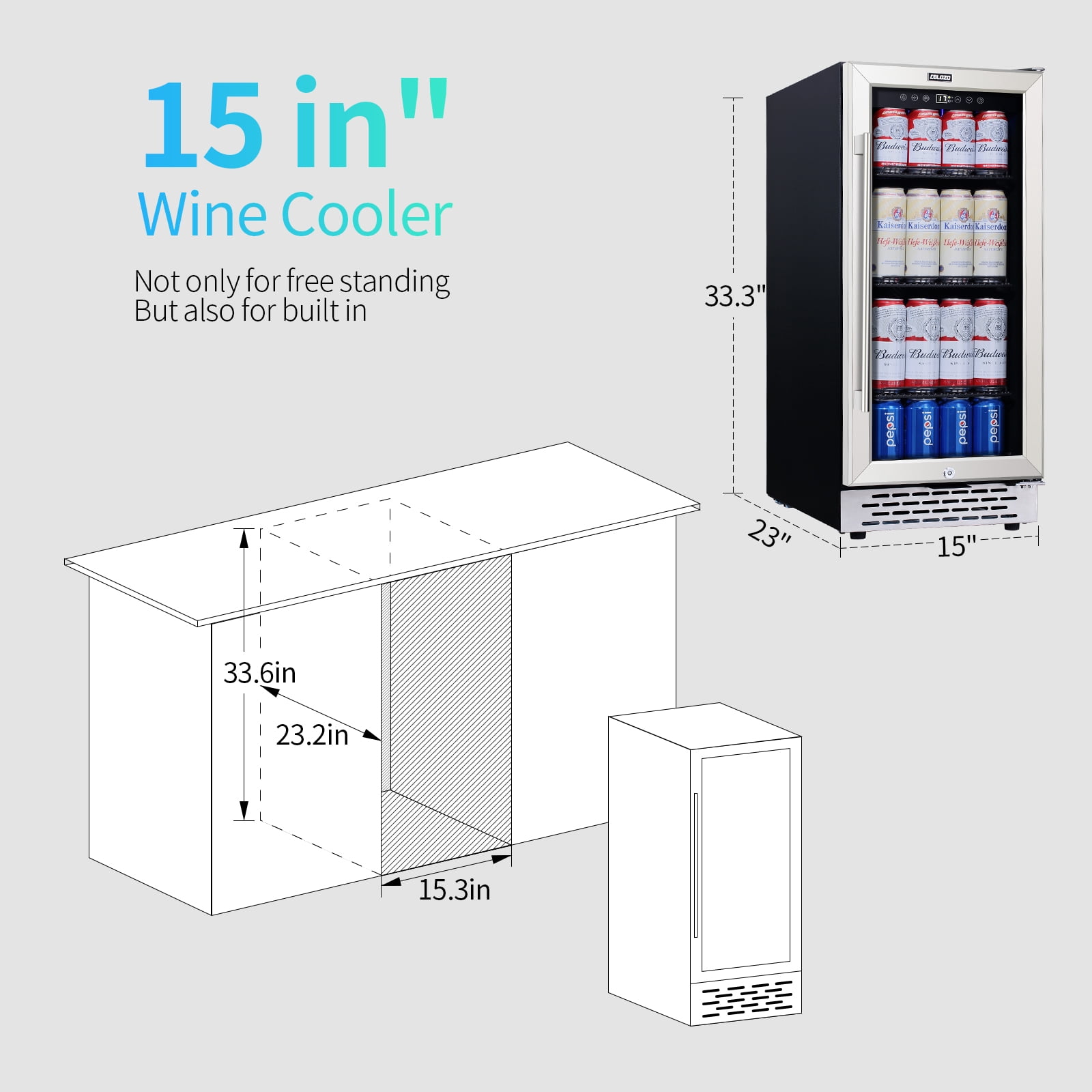 COLOZO 15 Inch Beverage Fridge Under Counter, Freestanding 130 Cans Beverage Refrigerator Cooler for Home Bar Beer