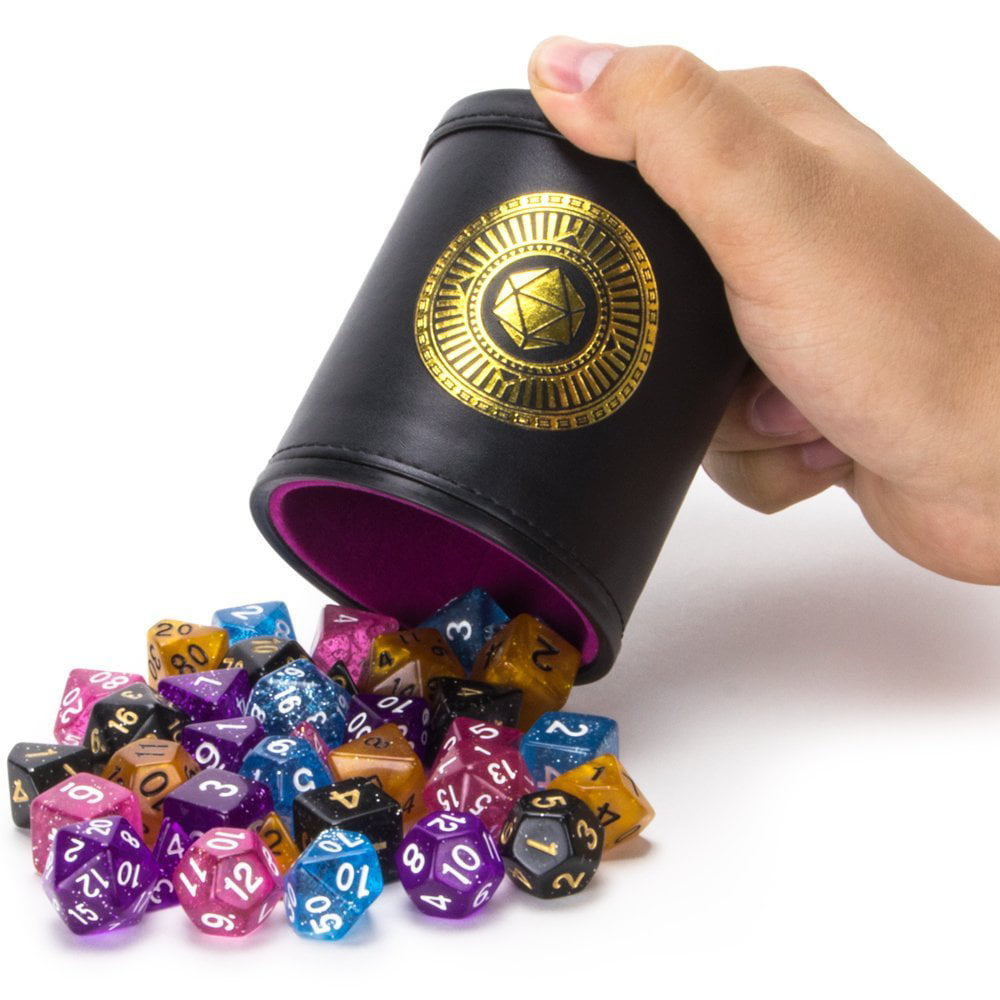 Cup of Plenty 5 Sets of 7 Premium Pearlized Polyhedral Role Playing Gaming Dice for Tabletop RPGs with Brown Bicast Leather Dice Cup by Wiz Dice 