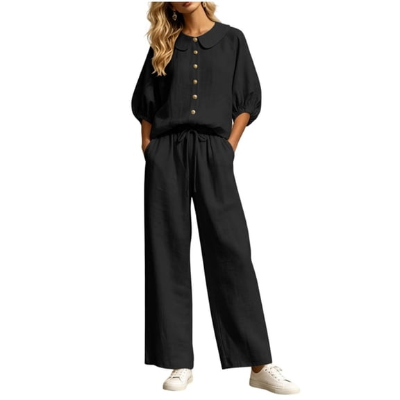 Women's Dressy Linen 2 Piece Outfits Cute Collared Button Down Shirt Wide Leg Pants Summer Business Casual Sets