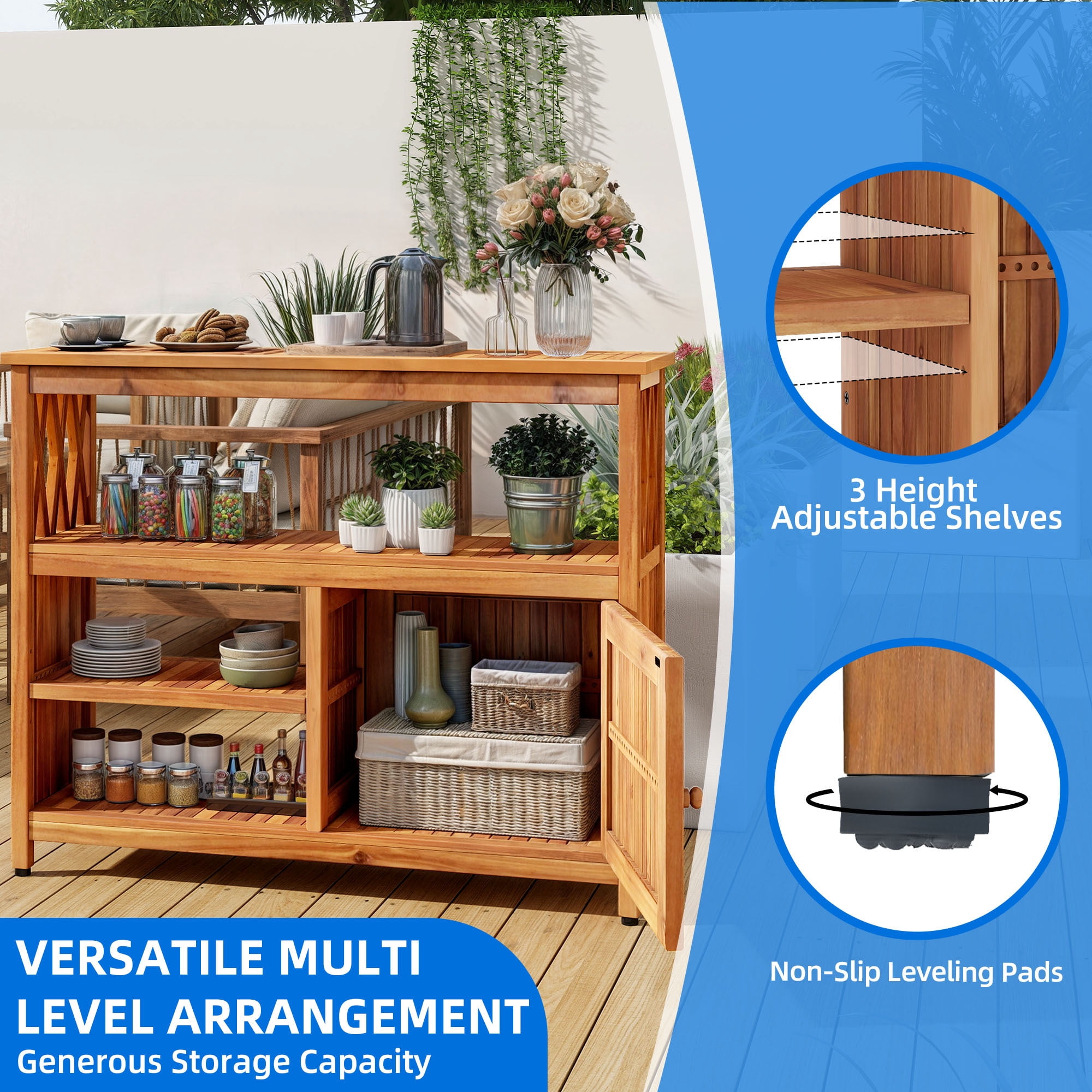 Uforic Patio Buffet Sideboard Cabinet with Doors & Shelves, 4-Tier Wood Storage Cabinet for Outdoor & Indoor, Natural
