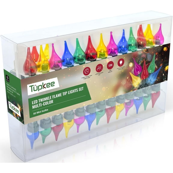 Tupkee Christmas Random Twinkle Flame Tip Light Set - 10 of 50 Lights Twinkle 50 LED Multicolor Mini Bulbs With Flame Tip Covers - Indoor Outdoor - 15.5' String - Holiday Decor Christmas Tree Lights