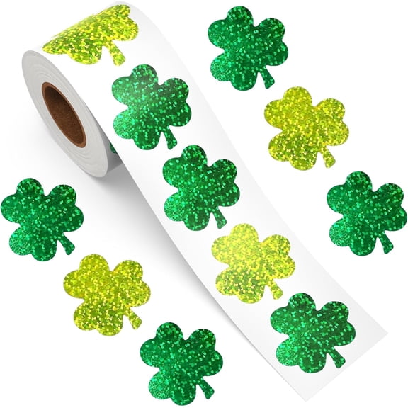 Yippzo St. Patrick's Day Stickers, 500Pcs Glitter Sparkly Lucky Clover Self-Adhesive Seal Labels Roll for St Patricks Day Decorations Irish Party Envelope Gift Bags