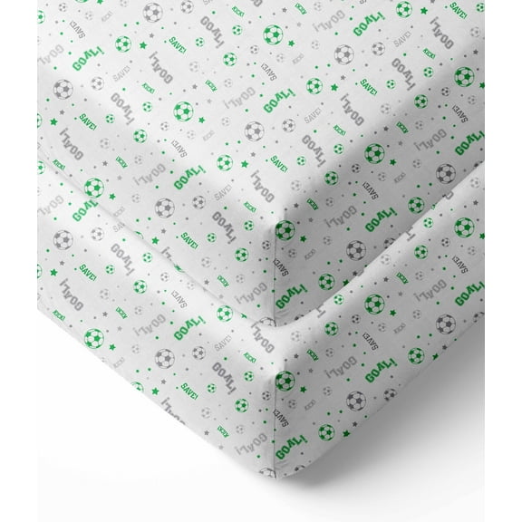 Bacati - Sports Crib/Toddler Bed Fitted Sheets 100% Cotton Muslin 2 Pack, Soccer Green/Grey