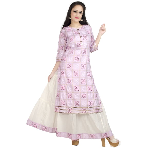 Chandrakala Bandhani Printed Kurti Skirt Set for Women Rayon Cotton Indian Ethnic Tunic Kurta Set,Large (K168PIN3)