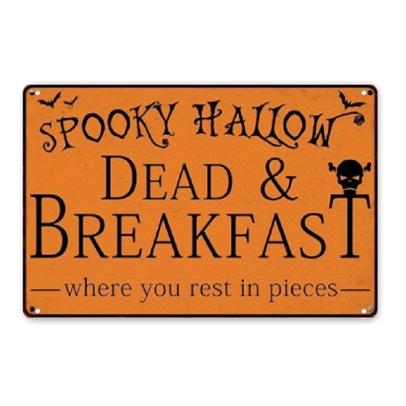Ullo0ord Vintage Halloween Metal Signage - Horrifying Halloween Dead with Breakfast Decorative Plaque, Vintage Witch Themed Wall Hanging Art for Homes, Gardens and Haunted Houses 8x12 Inch