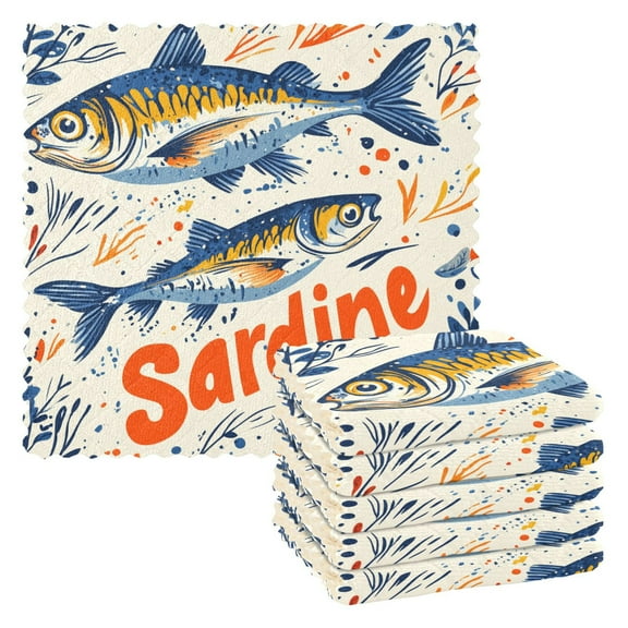 Yayeee 6 Pack Kitchen Dish Cloths for Washing Dishes Soft Absorbent Microfiber Towels, Blue Sardines Pattern