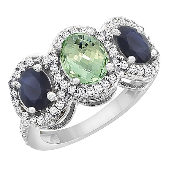 14K White Gold Natural Green Amethyst & Quality Blue Sapphire 3-stone Mothers Ring Oval DiamondAccent,sz5