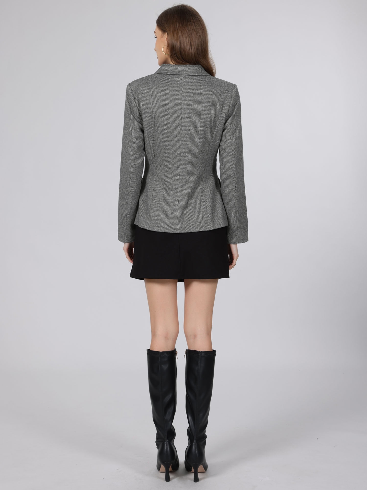 DARING DIVA Women's Herringbone Blazer Lapel Collar Suit Jacket M Dark Grey