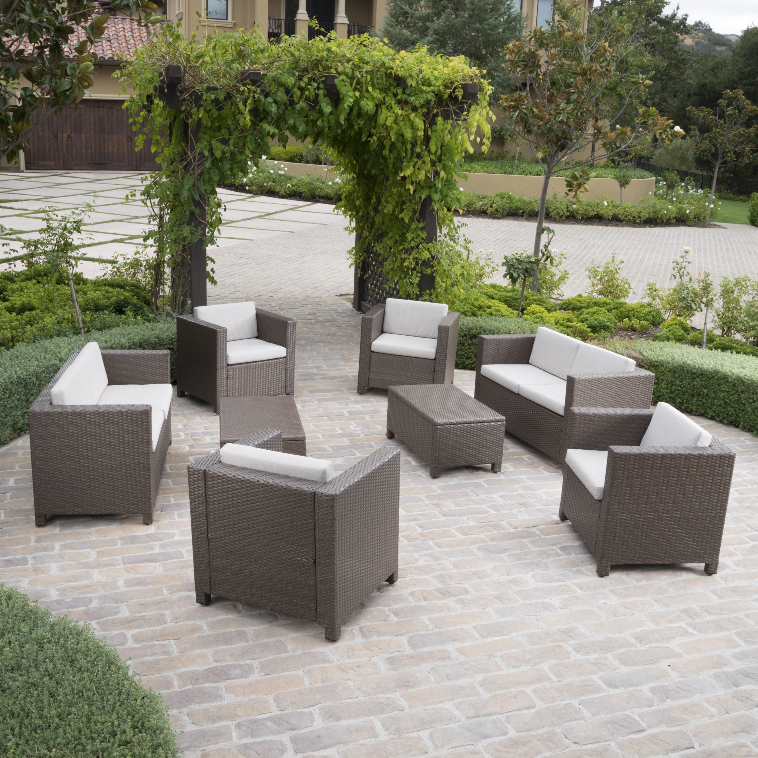 Cascada Outdoor 8 Piece Wicker Chat Set with Cushions, Brown, Ceramic Grey