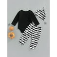 thumbnail image 4 of Bagilaanoe 3Pcs Newborn Baby Girl Halloween Outfits Skull Head Letter Print Long Sleeve Romper Tops Striped Skull Trousers Beanie Hat 3M 6M 12M 18M Infant Fall Long Pants Set, 4 of 8