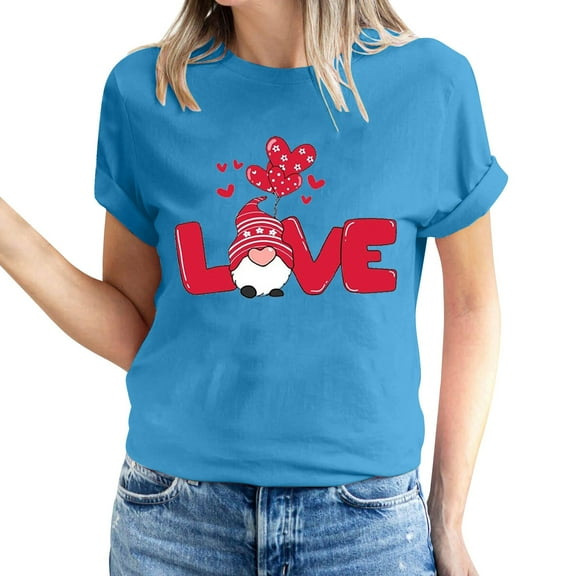 Women's Valentine's Day Short Sleeve Shirts Gnome Graphic Casual Basic Tees Tunic Crew Neck Printed Blouses Tops (S, Blue)