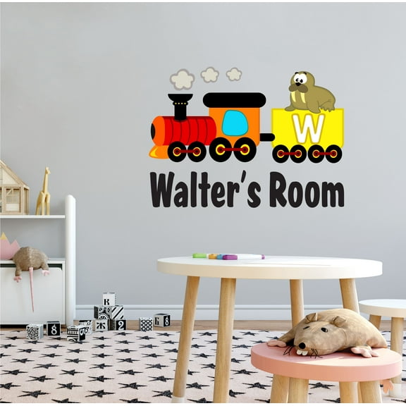 ALPHABET - Multicolored Home Vinyl Art Letter W Alphabet Educational Decoration Animal Train Sea Walrus Design Removable Wall Decal - Kids Nursery Bedroom Customized Name Wall Sticker 10" x 7"